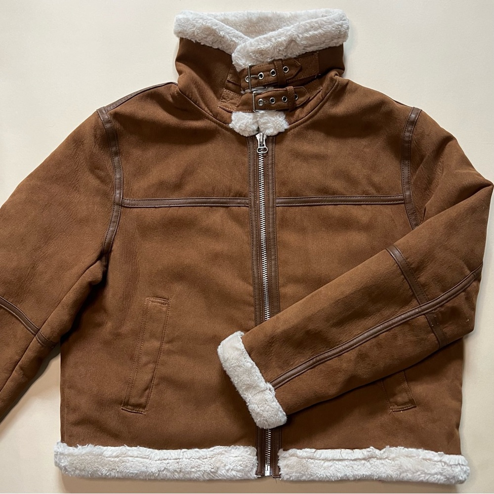 Suede biker jacket with white fur lining
